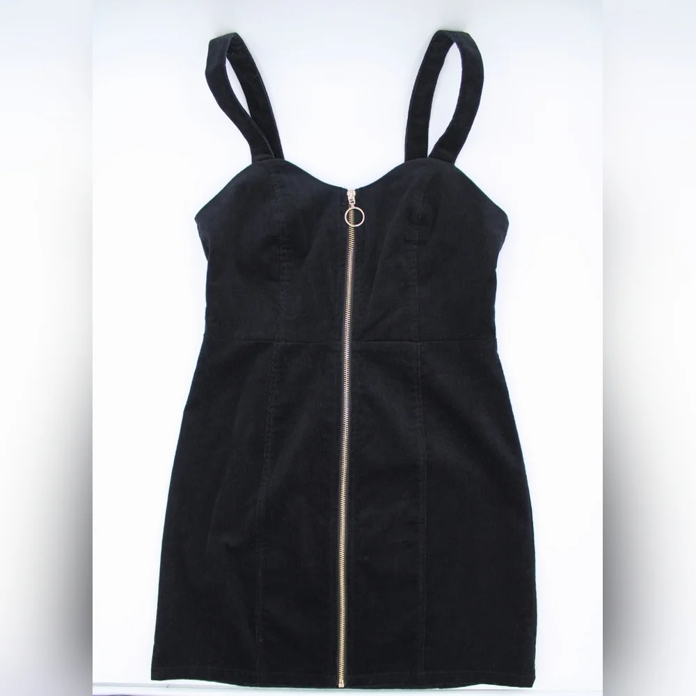 Material Girl Black Corduroy Mini Dress M Sweetheart Ring Zip - Picture 6 of 7